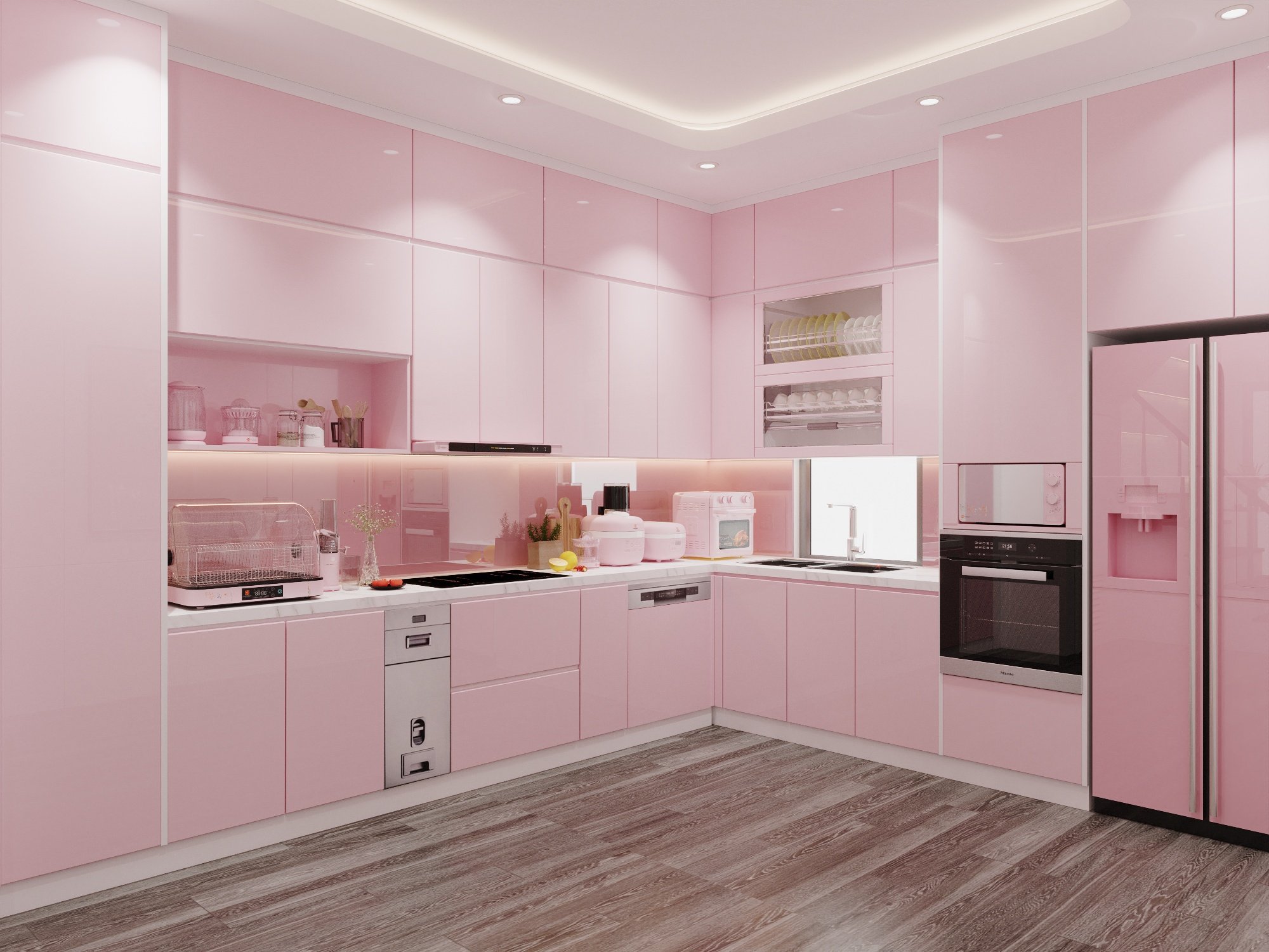 Tủ Bếp Acrylic Màu Hồng 2